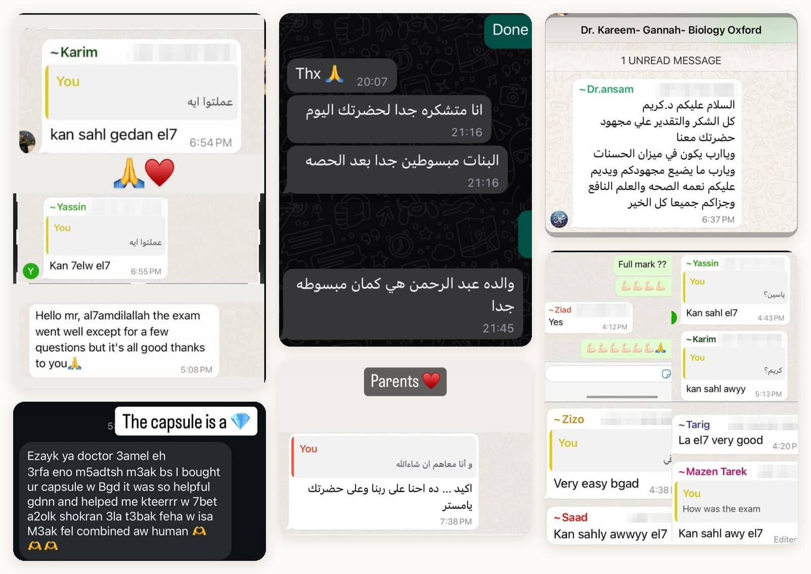 Collage of WhatsApp and Instagram messages from students and parents thanking Dr. Kareem after sessions and exams